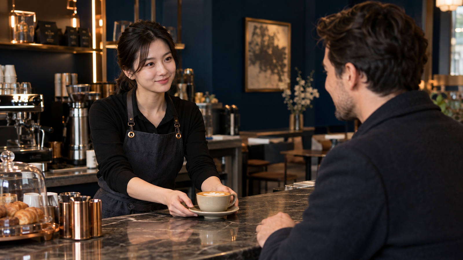 Korean café staff handing a customer a prepared drink during a polite service interaction