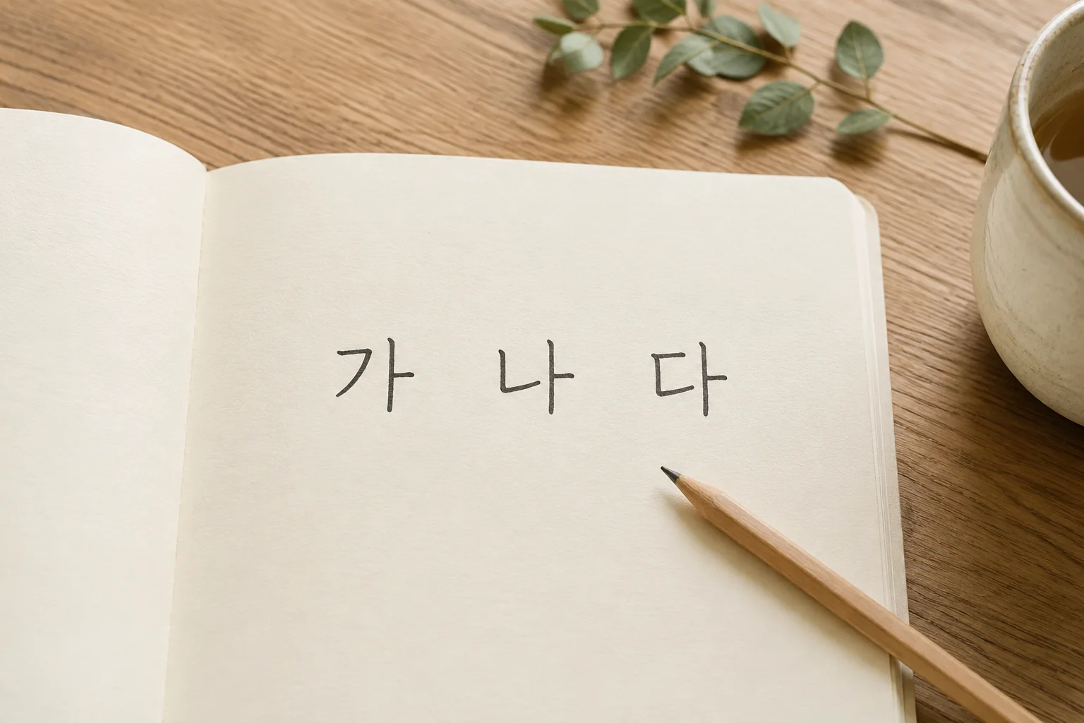 The Korean syllables 가, 나 and 다 handwritten in a notebook