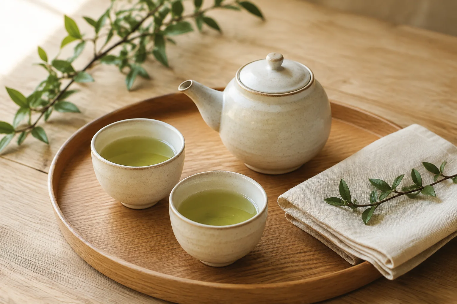 A ceramic teapot and two cups of tea on a wooden tray